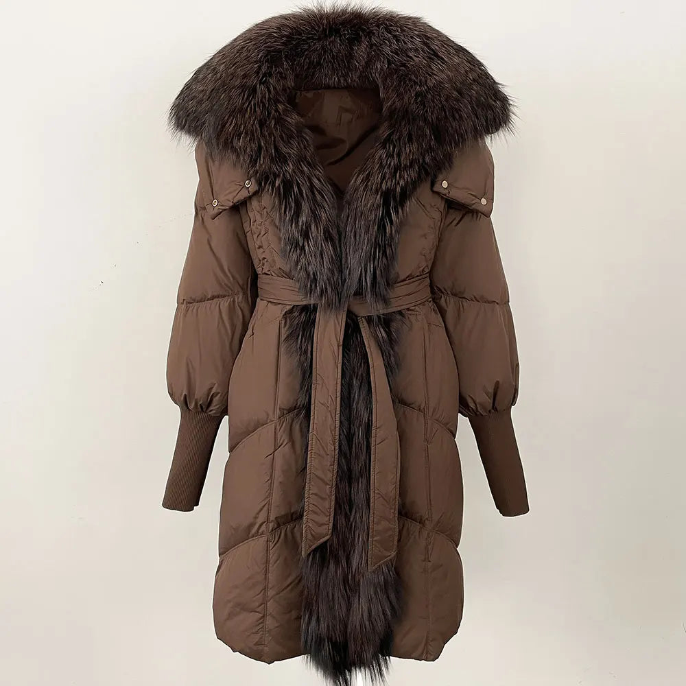 2025 Autumn Winter Women Coat Real Natural Fox Fur Long Down Jacket Thick Warm Casual Hooded White Duck Down Elegant Overwears