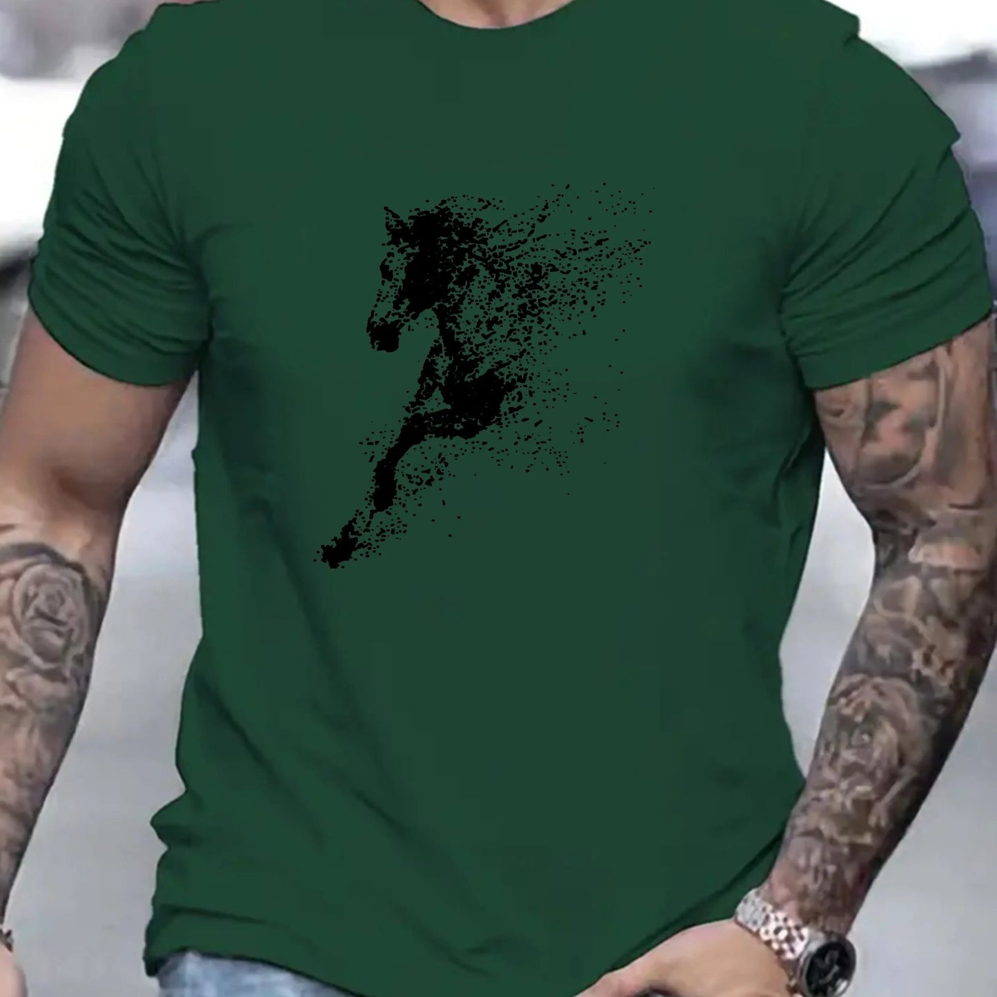 Men's Summer 100% Cotton Fashionable Casual Loose Large Black Horse Pattern Printed Round Neck Short Sleeve T-shirt Top