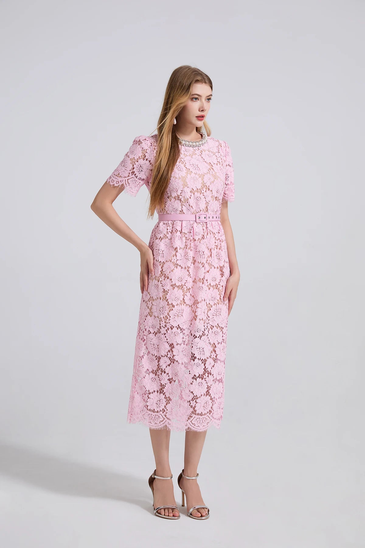 Luxury Eyelash Lace Mid-Calf Party Dress – Women’s Summer Short Sleeve A-Line with Crystal Beading, Hollow-Out Design – Pink Bridesmaid & Prom Gown