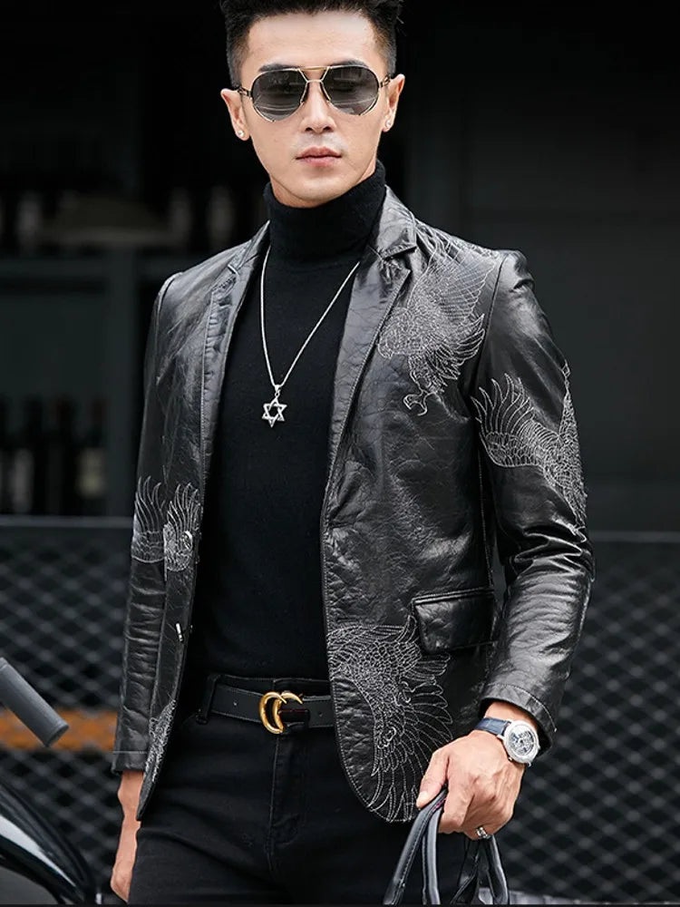 Business Men Fashion Eagle Embroidery Blazer Jacket Slim Fit Work Suit Coat Spring Autumn Natural Cowhide Genuine Leather Jacket