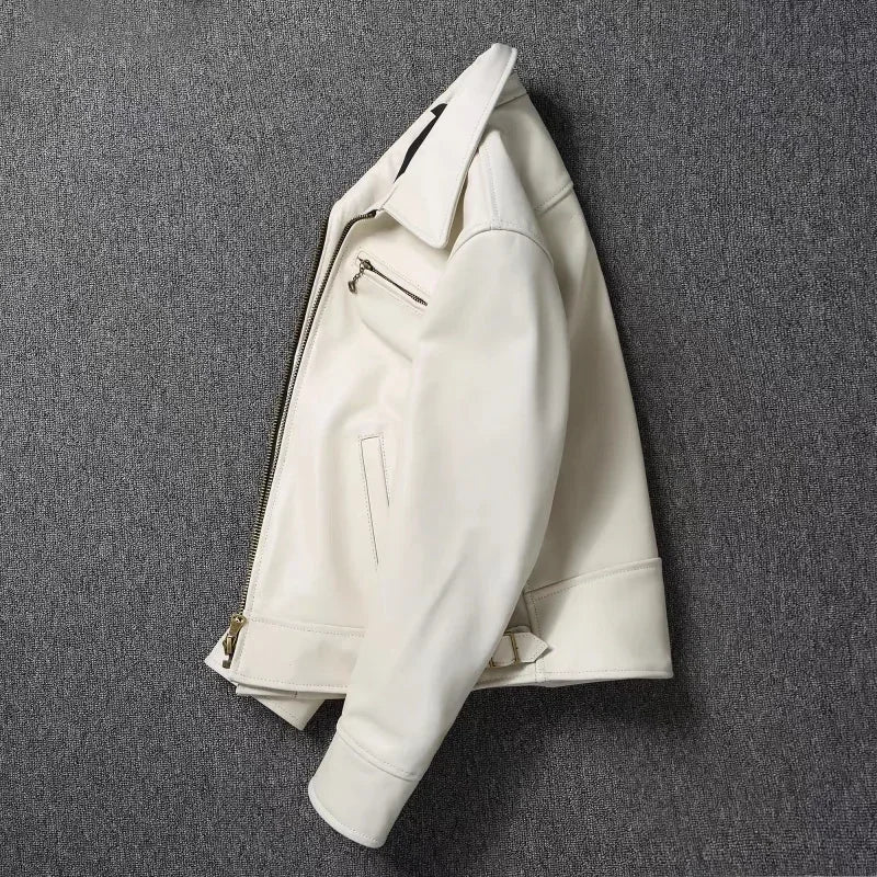 Men's Genuine Leather Jacket White Lapel Calfskin Jacket Natural Cowhide Men's Coat Slim Fit Top Layer Cowhide Biker Jacket