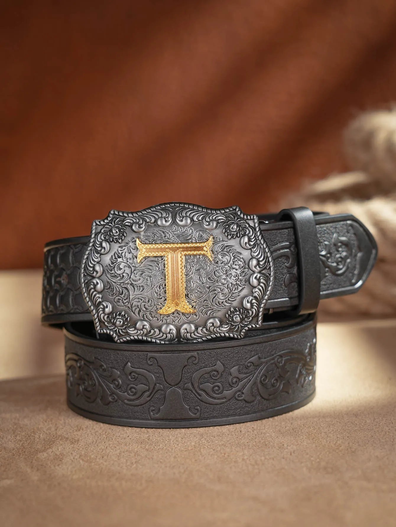 Western Cowboy PU Leather Belt - Men Waist Strap Bull Decoration Floral Engraved for Jeans