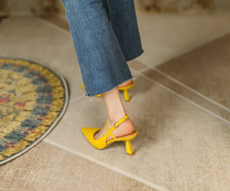 Summer Women Shoes Pointed Toe Thin Heel Women Sandals Genuine Leather Shoes for Women Slingback Elegant High Heels Party Shoes
