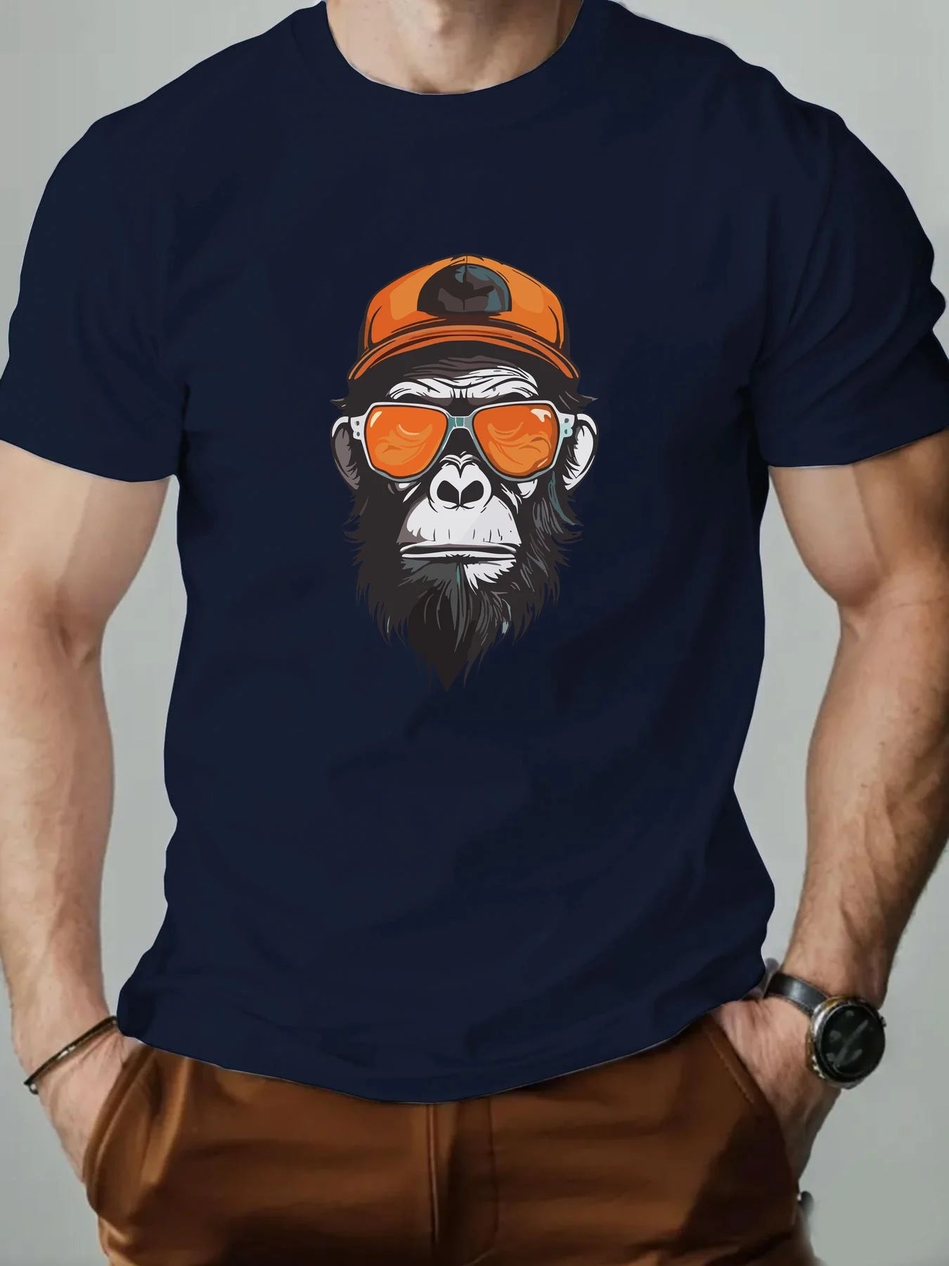 Men's summer 100% pure cotton fashionable casual sports loose monkey with sunglasses π glasses pattern printed round neck short sleeved T-shirt top