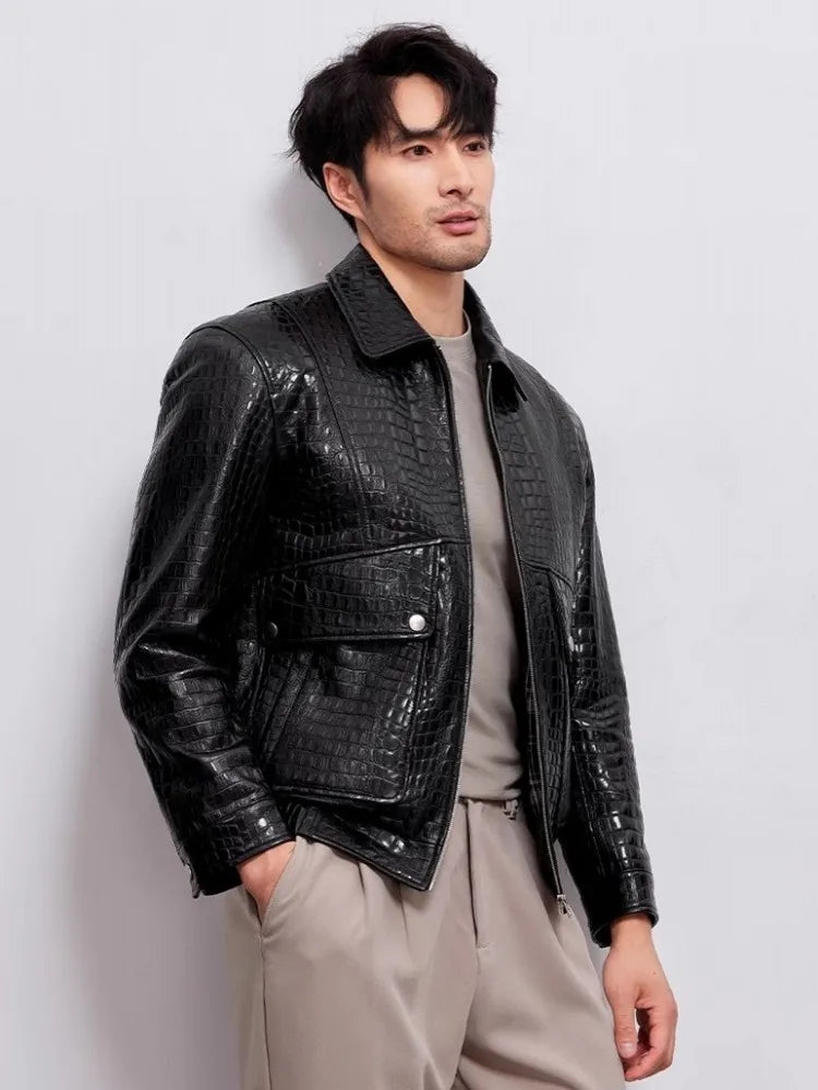 Designer Mens Genuine Leather Jacket Zipper Lapel High Quality Sheepskin Motorcycle Short Coat Spring Autumn Punk Outerwear Male