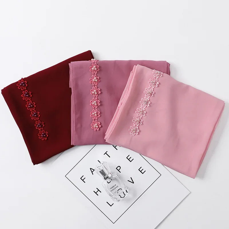 Muslim Hijab Plain Bubble Chiffon Long Scarf for Women Beading Lace Headscarf Arab Shawls African Hair Cover Wraps New Fashion
