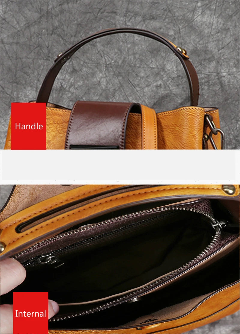 MOTAORA Women's Vintage Bucket Bag Genuine Top-Grain Leather Handmade Purse Luxury Designer Casual Office Travel Shoulder Bag