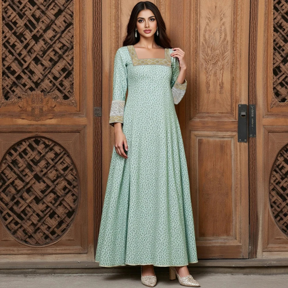 Rafiah Autumn Arabian Dress 2025 Women's Decent Full Print Long Sleeve Square Neck A-Line Daily Basic Midi Dress