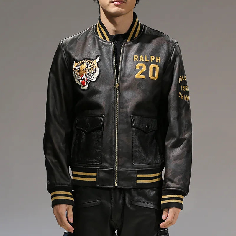 Men's top quality stand collar real leather jacket baseball tiger embroidery Fashion leisure first layer cowhide leather coat