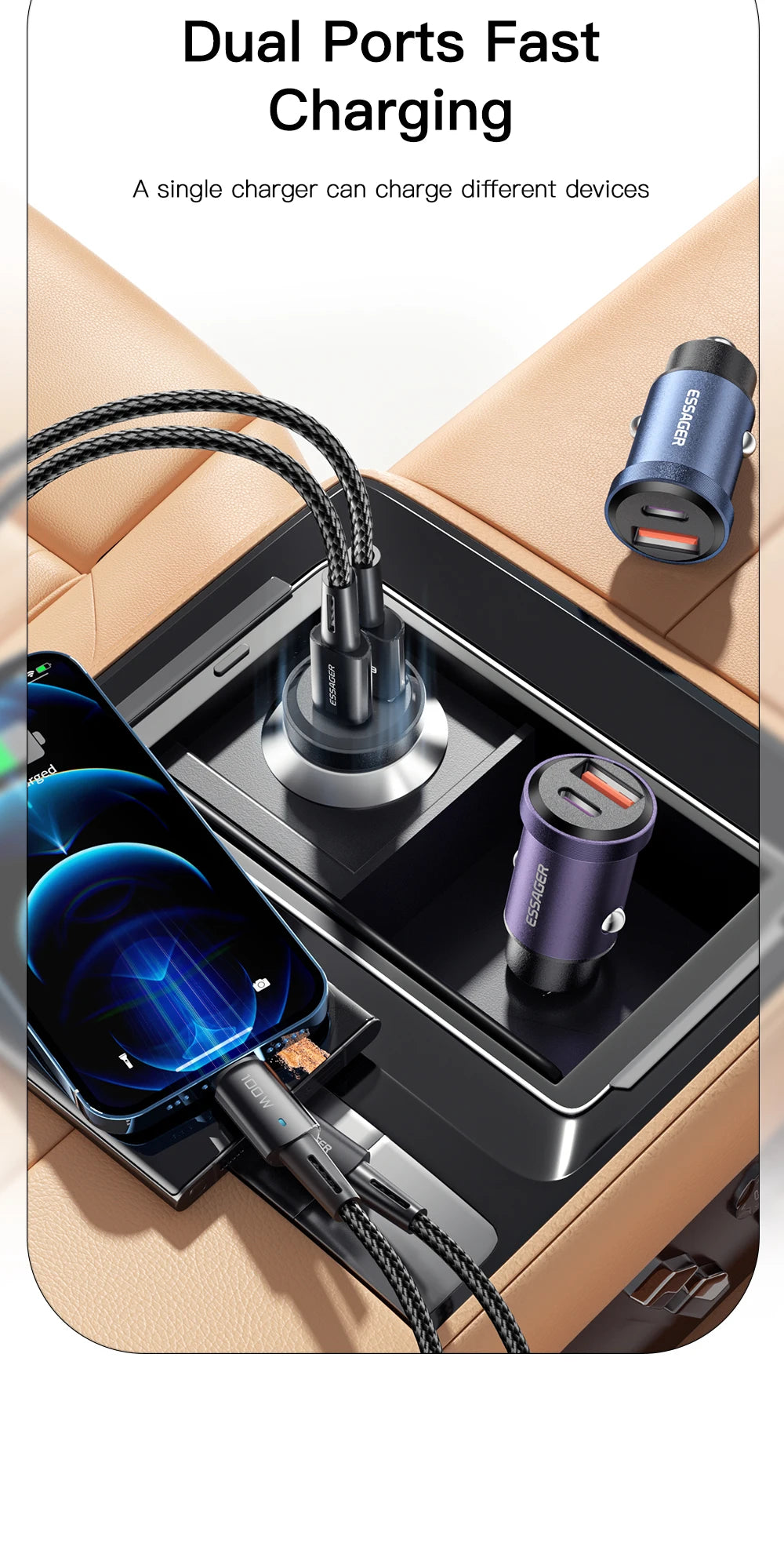 شاحن سيارة Essager USB 30 وات، شحن سريع 4.0، QC PD 3.0 SCP 5A، USB Type C، شحن سريع للسيارة، مناسب لأجهزة iPhone 14 13، Huawei، Samsung، Xiaomi