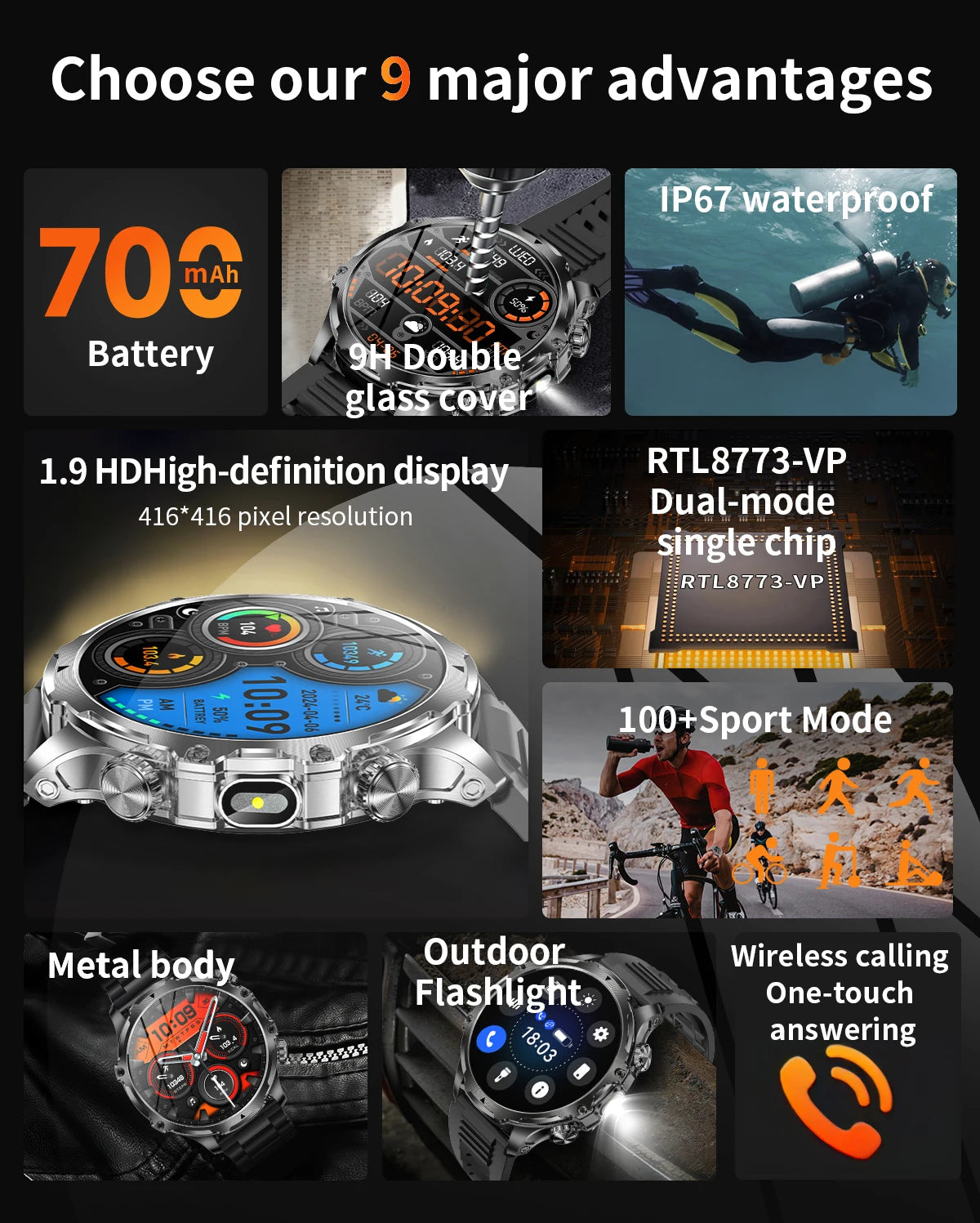 LIGE New 1.9" AMOLED 416*416 Screen Smart Watches Flashlight Outdoors Sports Fitness Tracker 700mah Large Battery Men Smartwatch