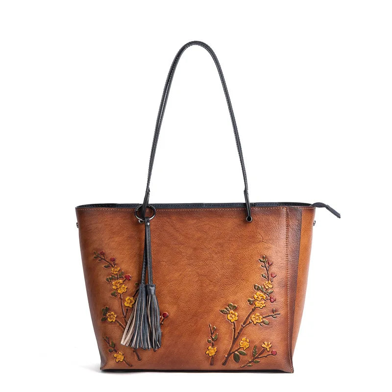 Vintage 3D Floral Embroidery Designer Bag Large Capacity Women's Tote Bag Premium Cowhide Leather Luxury Handbags for Women 2025