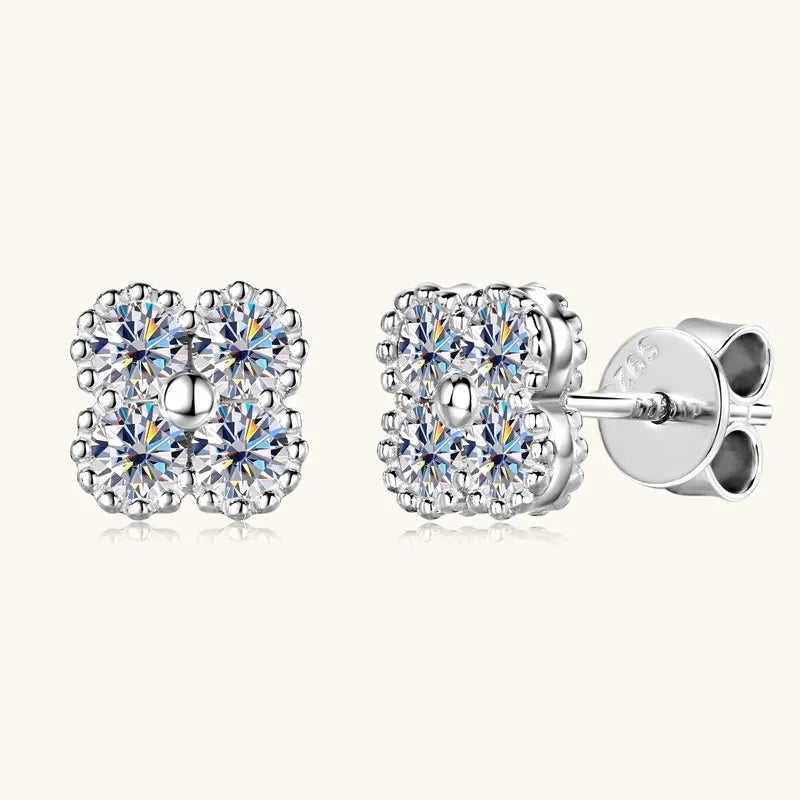Lnngy 925 Certified Silver Chains Four Leaf Flower Pendant Necklaces 3mm 0.1ct Moissanite Necklace Stud Earring Jewelry Set
