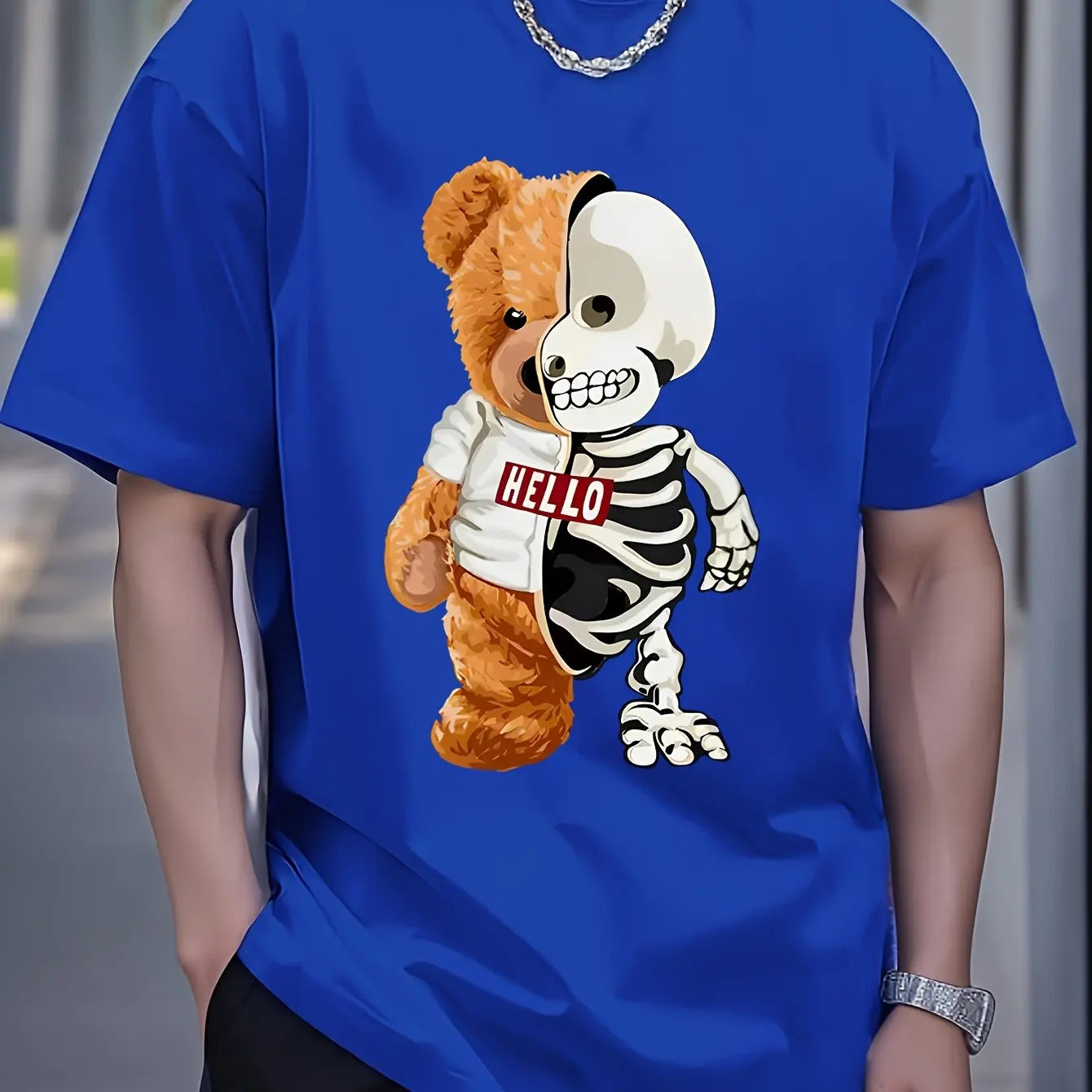 Men's 100% Cotton Casual Sports Skull Bear Printed Short Sleeve T-Shirt