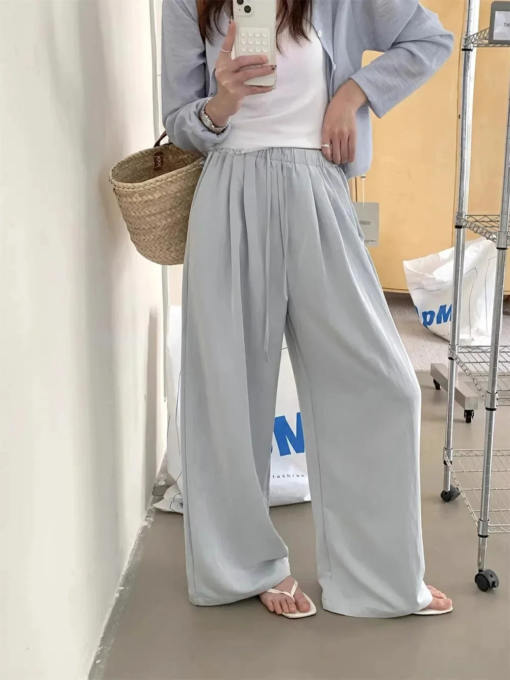 Slimming Wide Leg Cotton Linen Loose Fit Thin High Waist Casual Solid Color Summer Trousers for Women Elegant Drapey Style