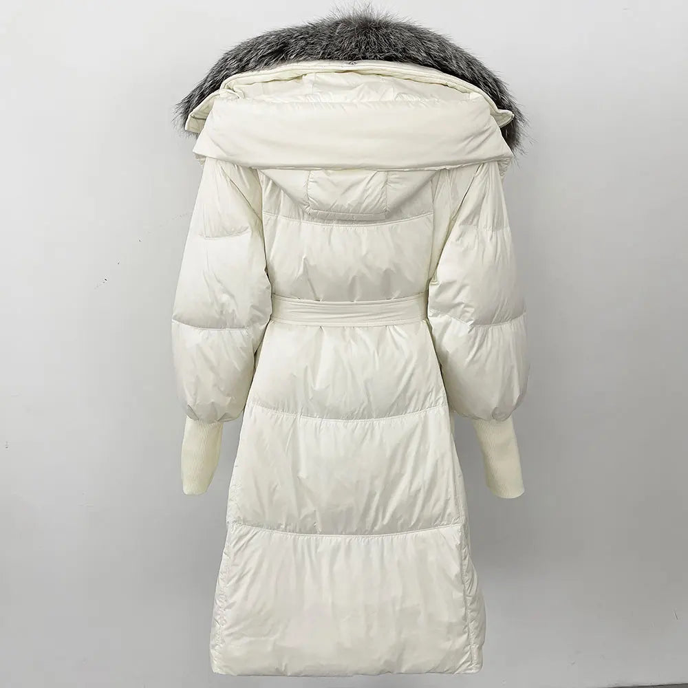 2025 Autumn Winter Women Coat Real Natural Fox Fur Long Down Jacket Thick Warm Casual Hooded White Duck Down Elegant Overwears