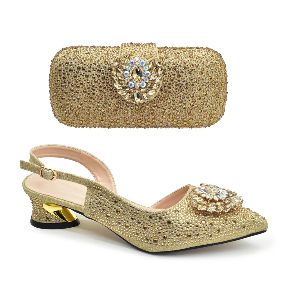 New Italian Shoe and Bag 2025 High Quality Luxury Full Diamond Italian Shoes and Bags Matching Set Decorated with Rhinestone