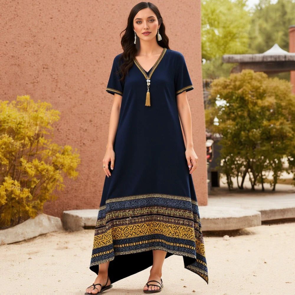 Rafiah Women's Summer Long Dress Arabian Casual Contrast Color Asymmetrical Draped Short Sleeve V-Neck Indie Folk Dress