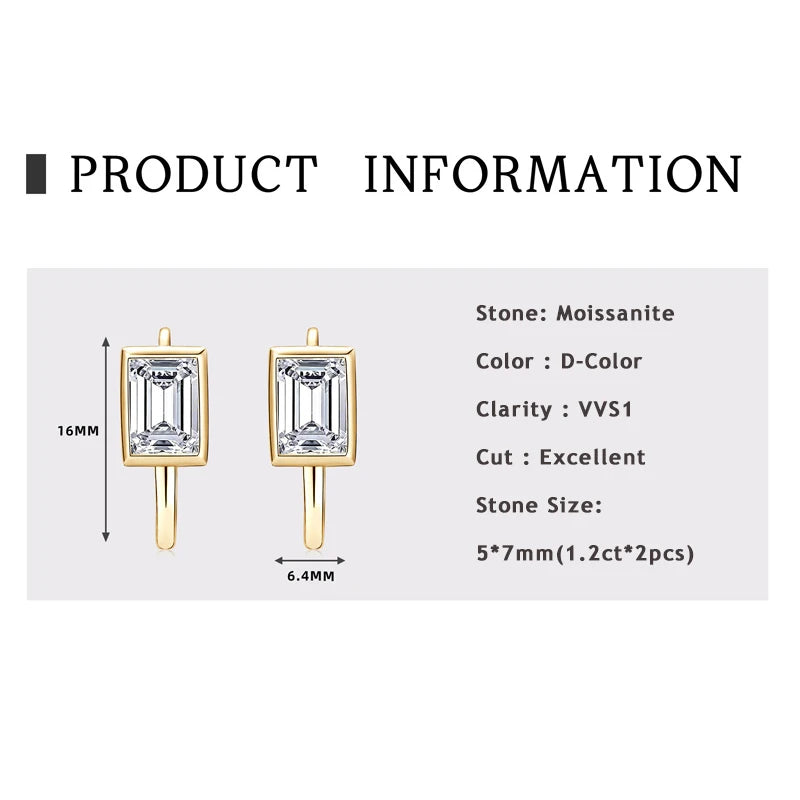 Lnngy 925 Sterling Silver U-shaped Hoop Earrings Emerald Cut 5*7mm Moissanite Earring For Women Girls Korean INS Jewelry Gift