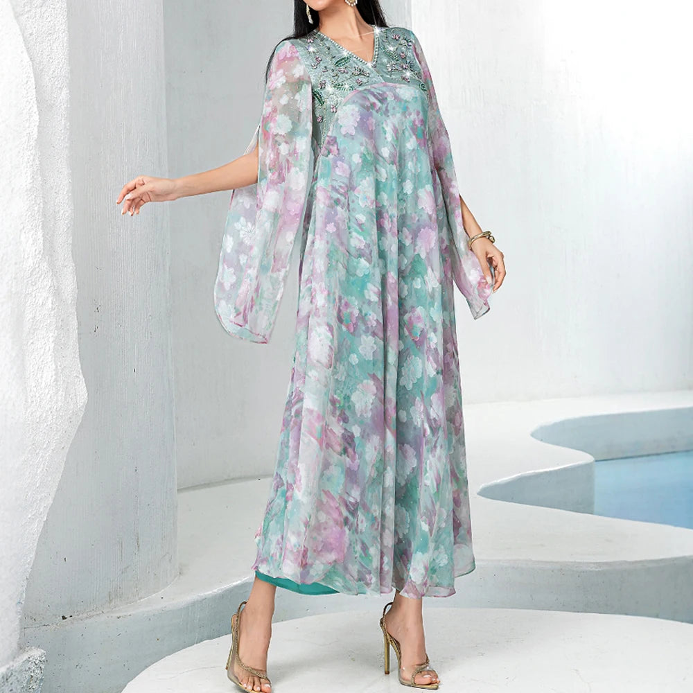Rafiah Summer Dress 2025 Women's Elegant Embroidered Flares Long Sleeve V-Neck Dating A-Line Long Arabian Dress