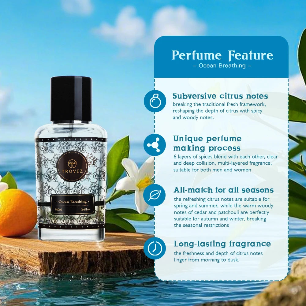 TROVEZ Ocean Breathing 100ml Perfume Elegant Fresh Fragrance Citrus Tone Unisex Perfume Long-lasting Scent Body Spray Scent Gift