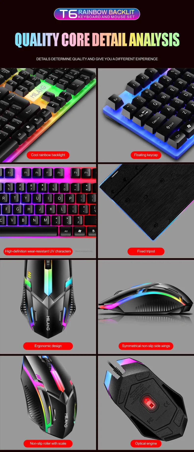 Rainbow Backlit Wired Keyboard and Mouse,Floating Keycap Strong, Wear-resistant, Comfortable Feel Keyboard for Business Office