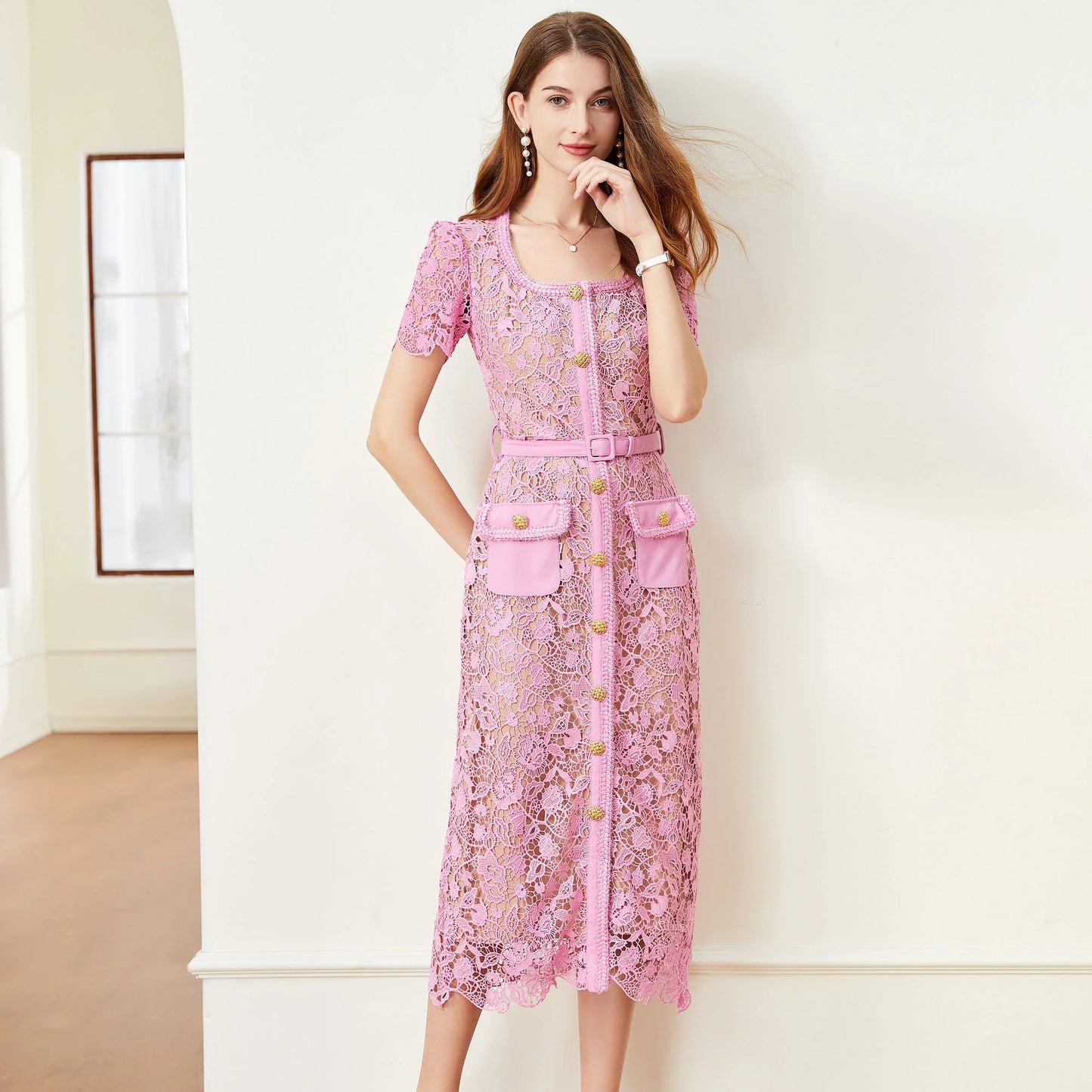 Sheath Bodycon Flower Embroidery Lace Prom Dress – Women's Summer/Fall Short Sleeve Midi Evening Dress