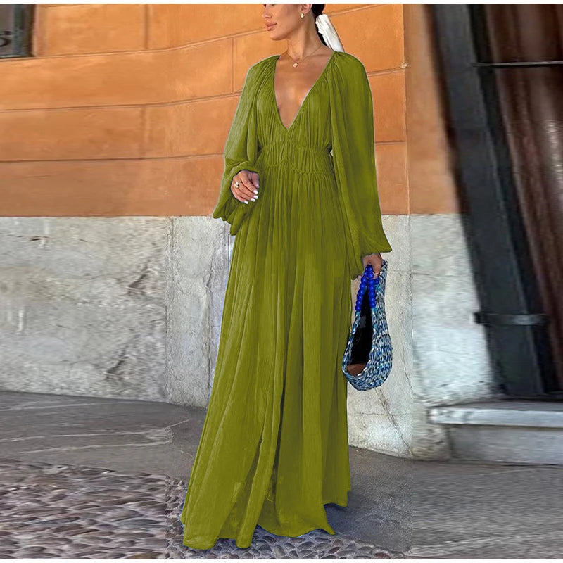 Elegant Pleated Lantern Sleeve Mid-Calf Dress – Women’s O-Neck Holiday Beach Outfit