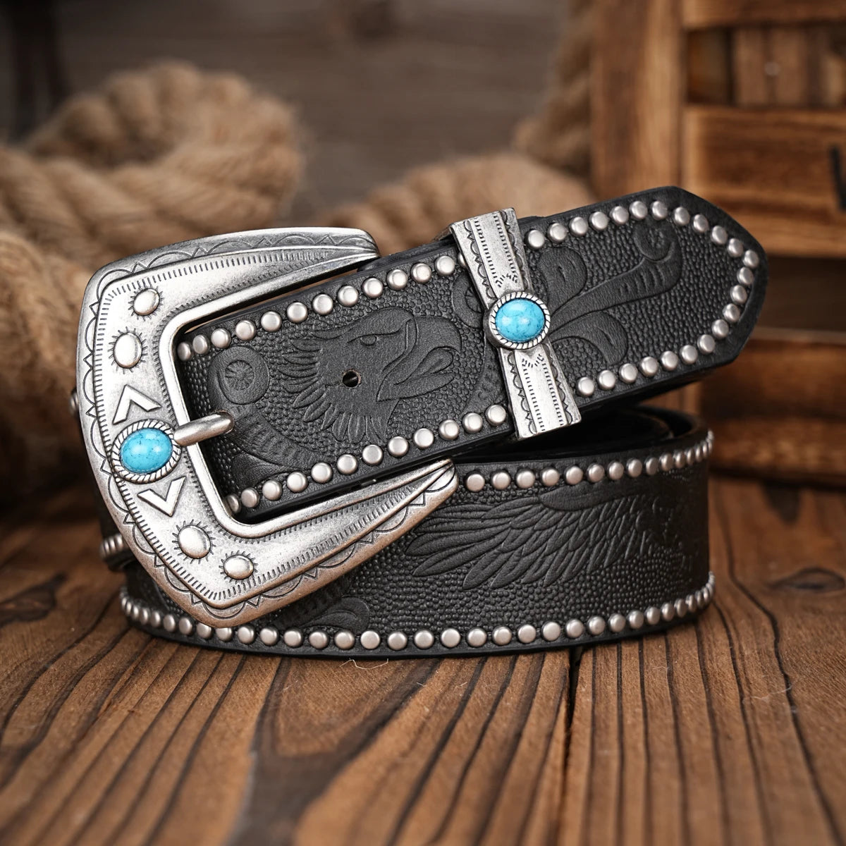 Men Women-Western-Cowboy-PU Leather-Belts - Vintage Belt Floral Engraved Buckle Belt for Jeans