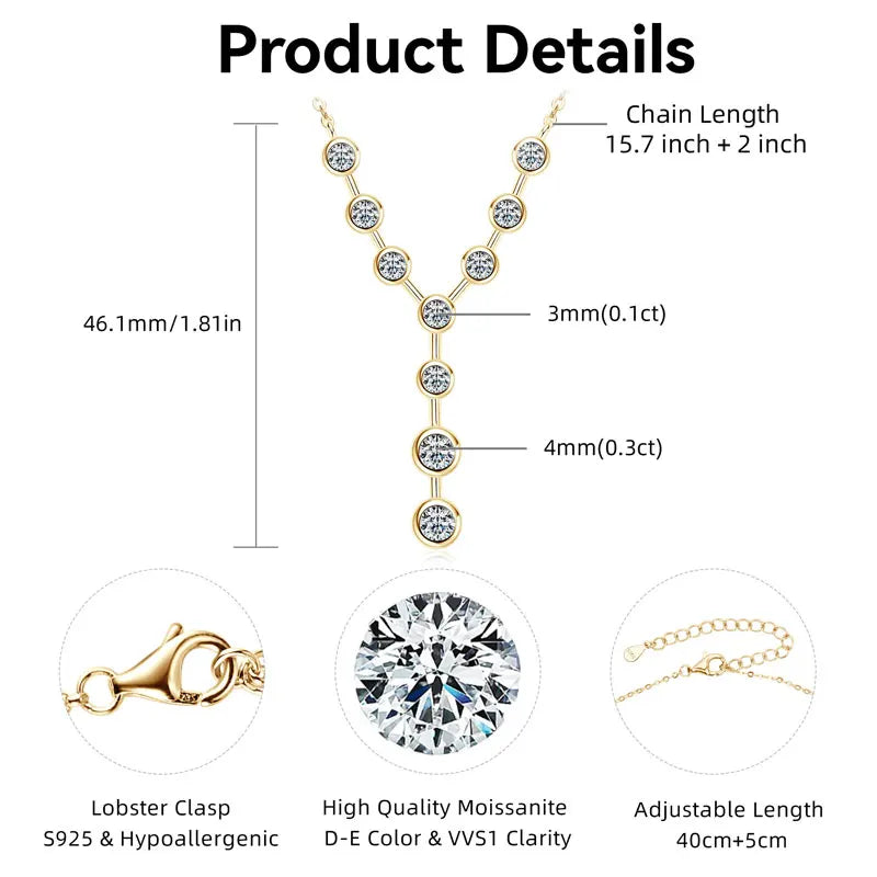 Lnngy 4mm&3mm Moissanite Pendent Necklace 925 Sterling Silver Fashion Sexy Y-Shaped Necklaces for Women 2025 Party Jewelry Gift