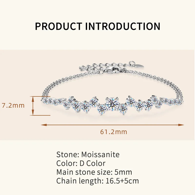 Lnngy Moissanite Bracelet With Certificate 925 Sterling Silver Adjustable Double Chain Bracelets for Women Wedding Jewelry Gift