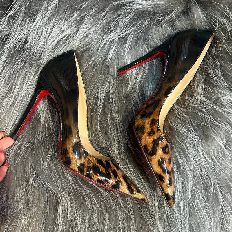 New Gradient Red Bottom Large Heels Sexy Leopard Pattern Pointed Professional Women's Shoes Black Graduation Single Shoes