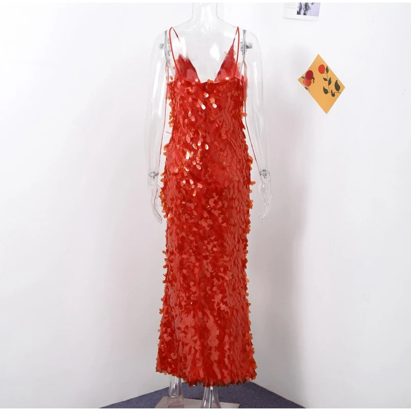 Glitter Sequins Spaghetti Strap Evening Gown – Women’s Sleeveless Backless Floor-Length Party Dress