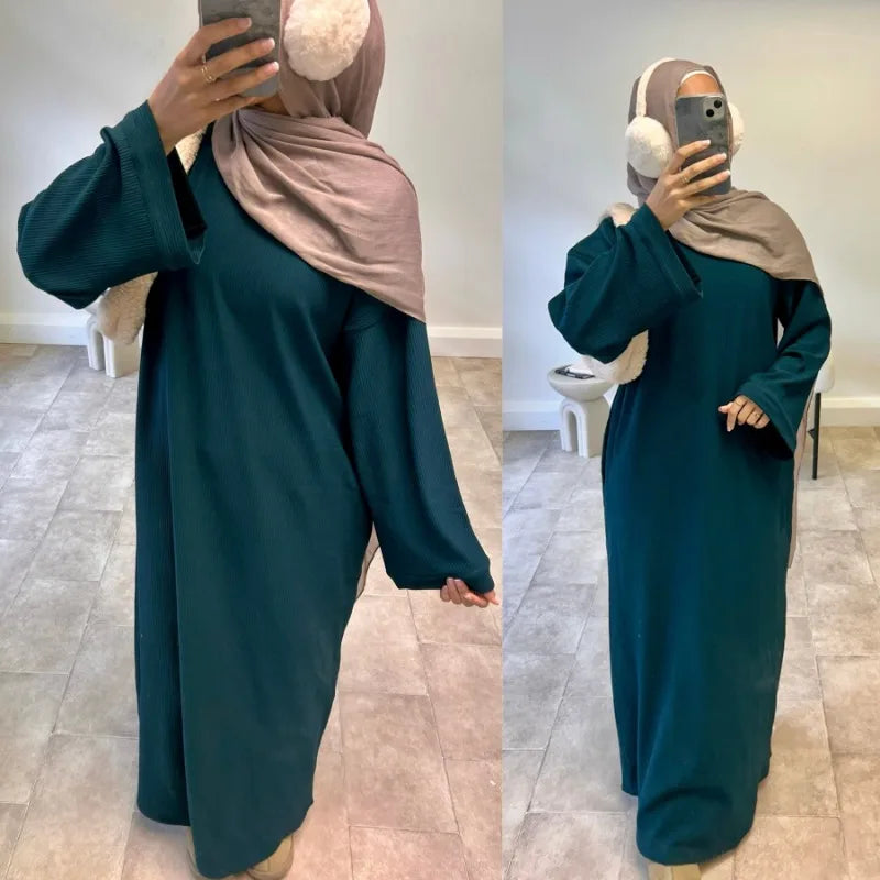 Warm Arabic Corduroy Abaya Dress for Women Ramadan Dubai Women Modest Muslim Coat Winter Islam Clothing New Turkey Solid Robe