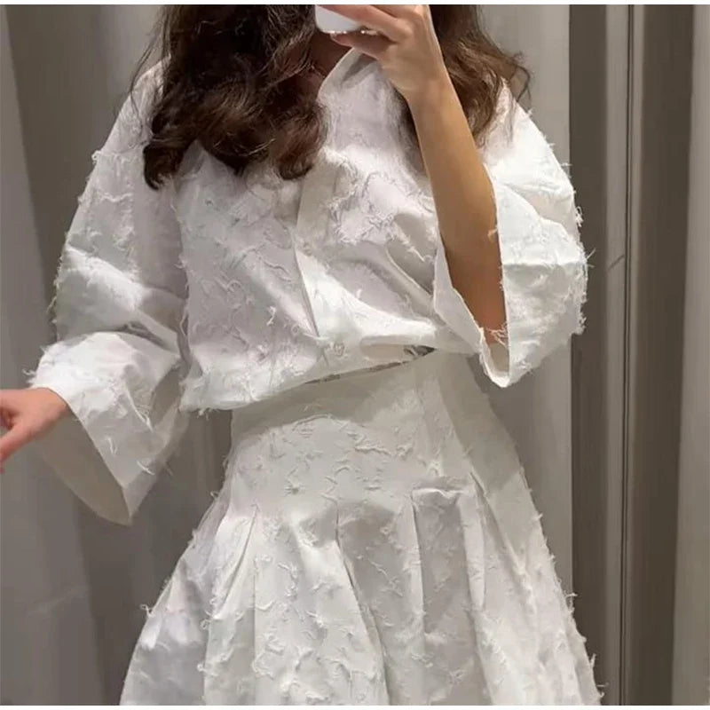 Street Shirt & Skirt Set – Women’s Turn-Down Collar Button Top with High Waist Pleated Skirt – Spring/Summer 2025