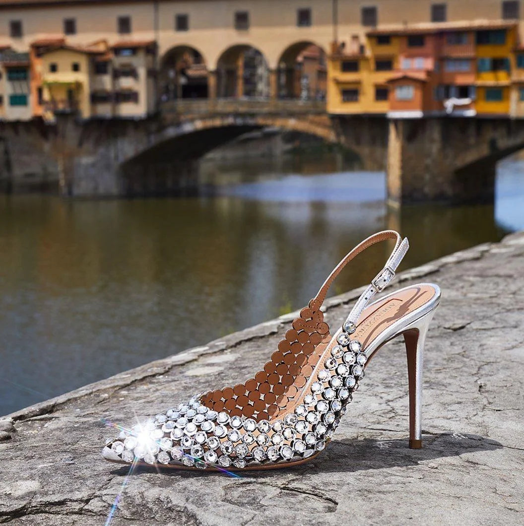 Silver Water Drop Shiny Diamond Slingback Sandals Girls Luxury Party Pointed Stilettos Gold Leather Cover Heels Shoes