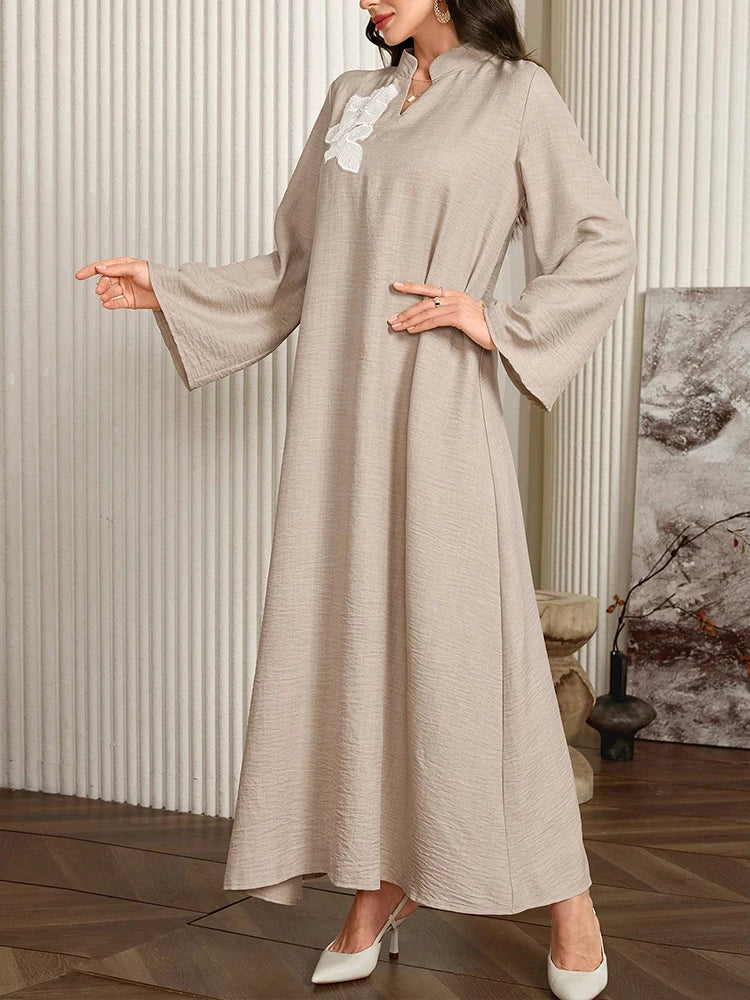 Rafiah Ramadan Floral Embroidered Loose Casual Modest Maxi Abaya Scalloped Neckline Long Sleeves Arabic Dress Parties Wedding