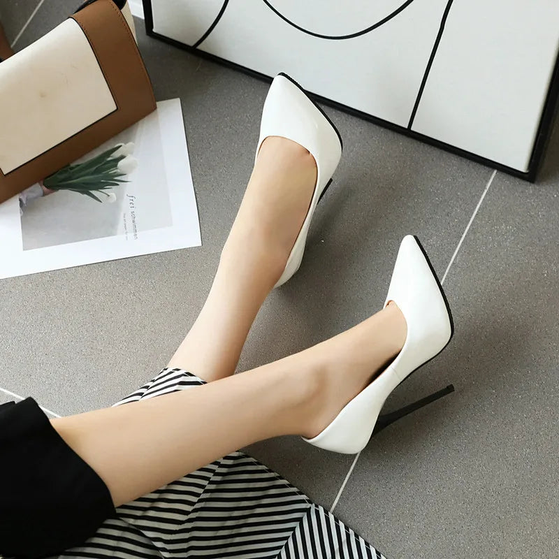 Women’s Pumps Classic Sexy Thin High Heels 12cm Patent Leather Stiletto Pointed Toe Party Elegant Office Shoes Big Size 34-48