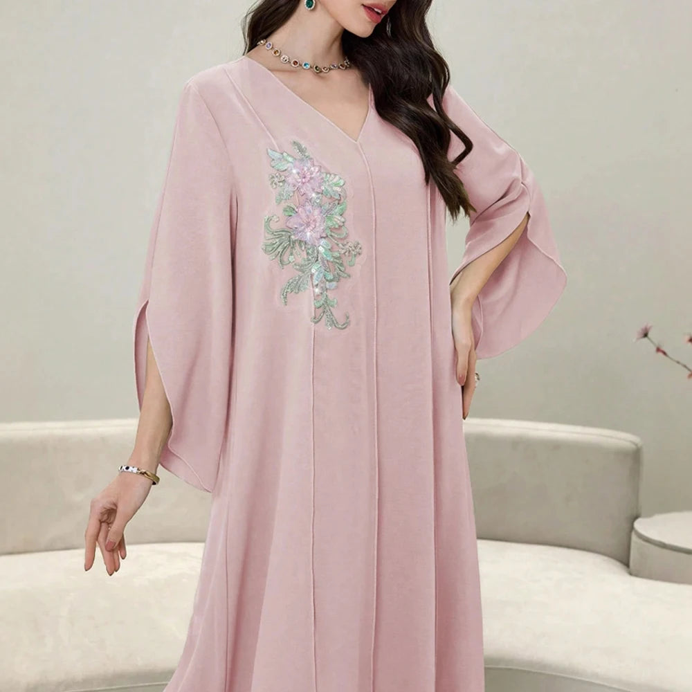 Rafiah Summer Dresses 2025 Women's Appliques Plain Draped Long Flare Sleeve V-Neck Loose Fit Basics Arabian Midi Dress