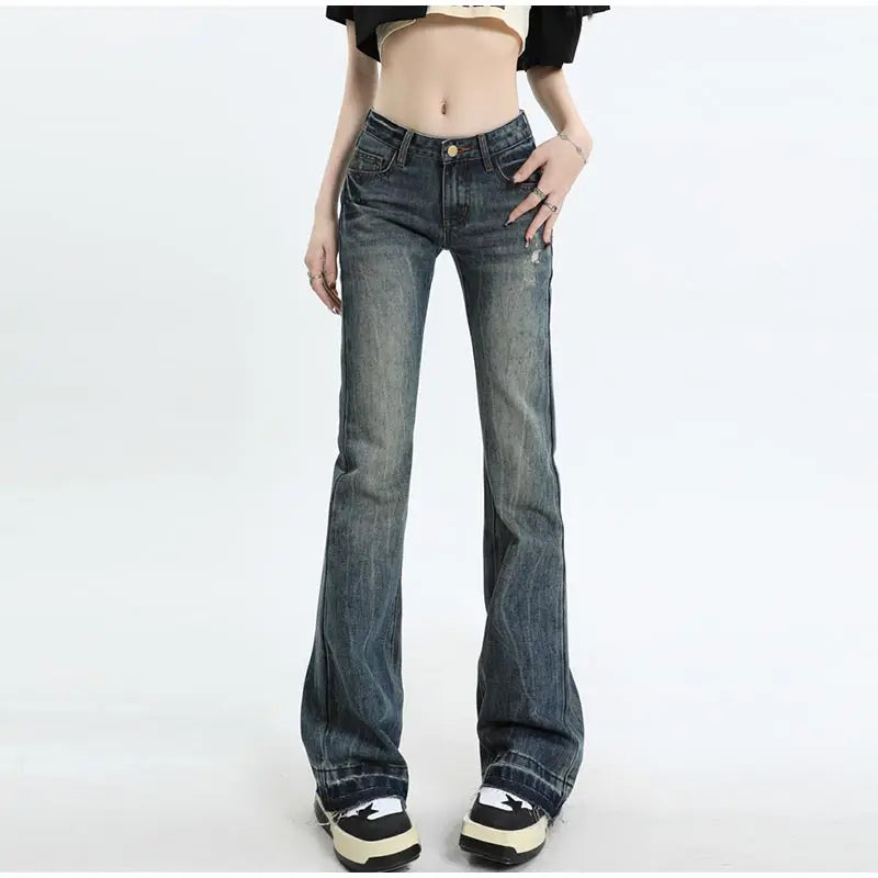 Vintage Women's Denim Low Rise Slightly Flared Jeans Pant Retro Pattern Printed Trendy Skin Fit Casual Daily Streetwear Trousers