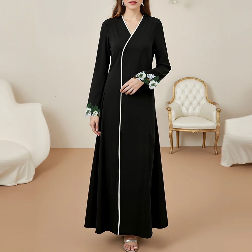 Rafiah Summer Dresses 2025 Women's Vintage Plain Graphic Printing Long Sleeve V-Neck Midi Sheath Binding Arabian Dress