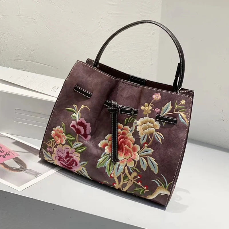 MOTAORA Vintage Chinese Embroidery Leather Shoulder Bag Women Large Capacity Crossbody Bucket Bag Ladies Fashion Handbag NEW