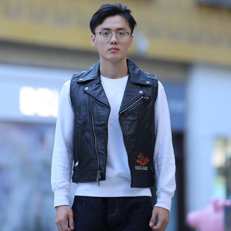 Slim street leather undershirt casual head layer cowhide vest men women couple models motorcycle sleeveless jacket