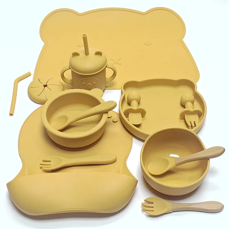 14pcs Silicone Baby Tableware Set Food Children Supplementary Bowl Baby Dinner Plate Fork Spoon Bib Non-slip Bowl Drop-proof Bow