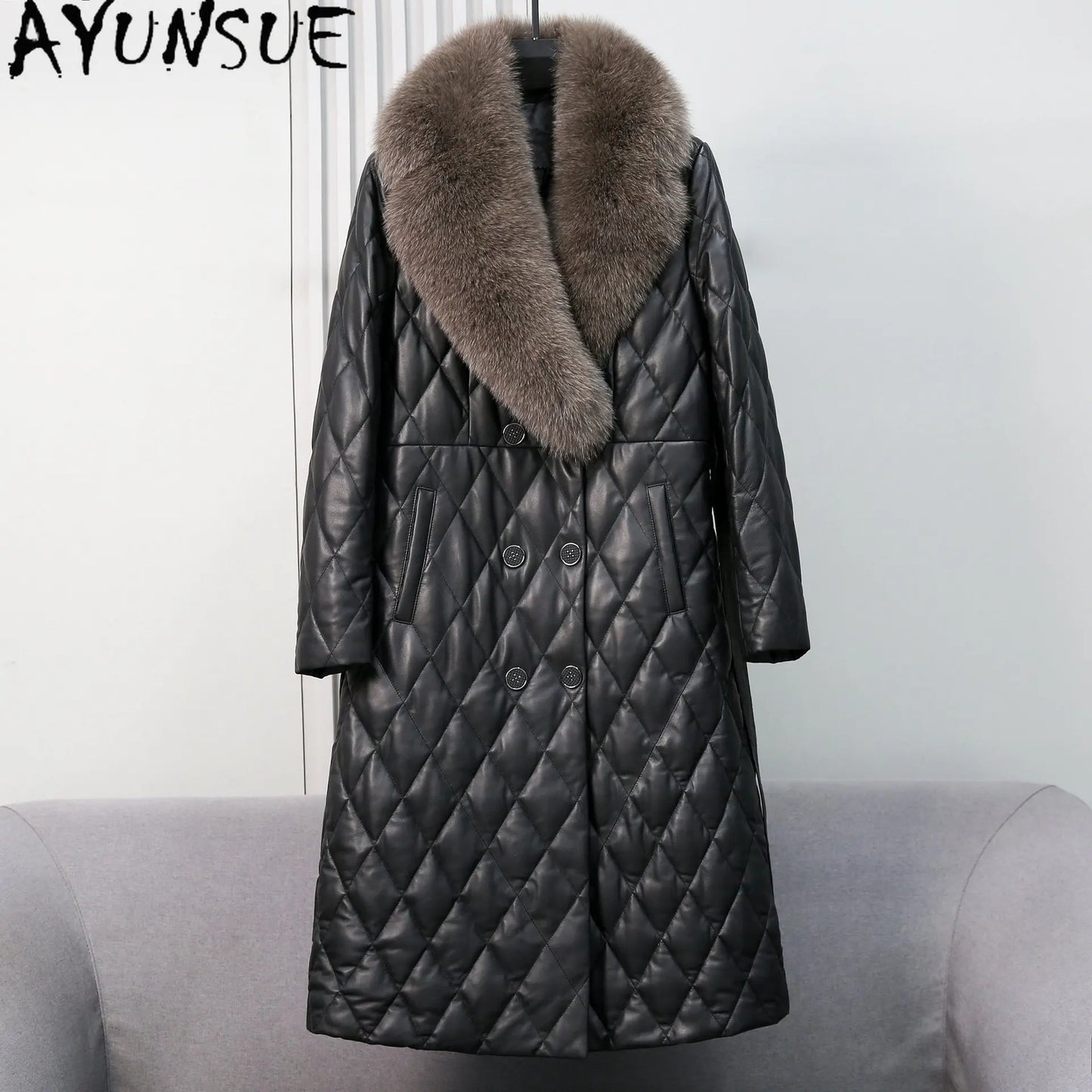 AYUNSUE Fox Fur Collar Genuine Leather Down Jacket Women Winter Clothes 2025 Mid-length Sheepskin Coat for Woman Jaqueta Couro