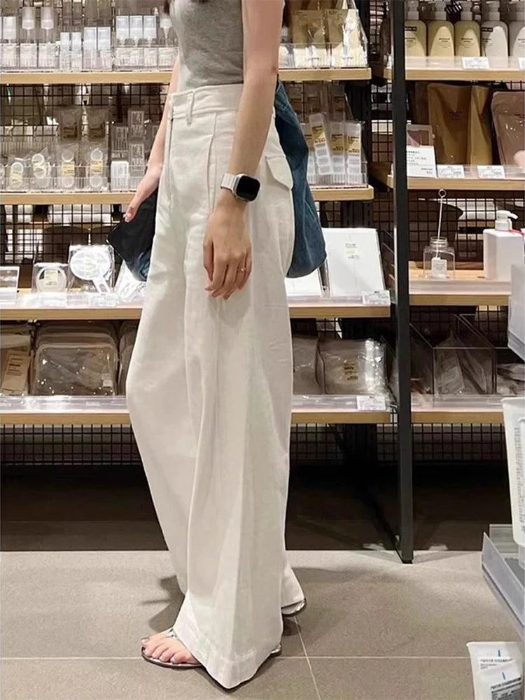 Ele White Cotton Linen Wide Leg Pants Women Summer High Waist Draped Loose Slim Straight Casual Thin Pants