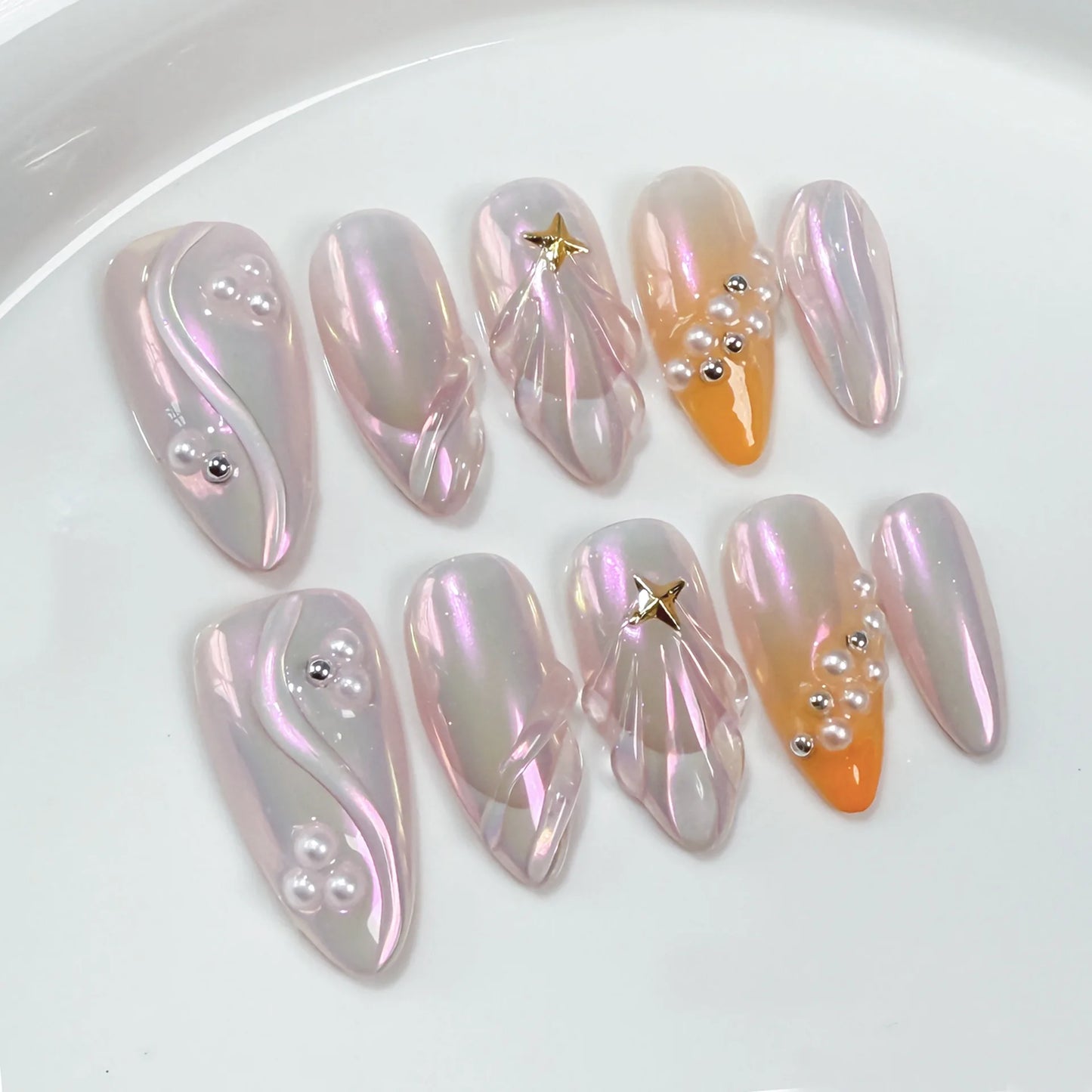 Handmade Short Press on Nails with Charms 3D Rhinestone Almond Reusable False Nails with Design Acrylic Fake Nail for Girls