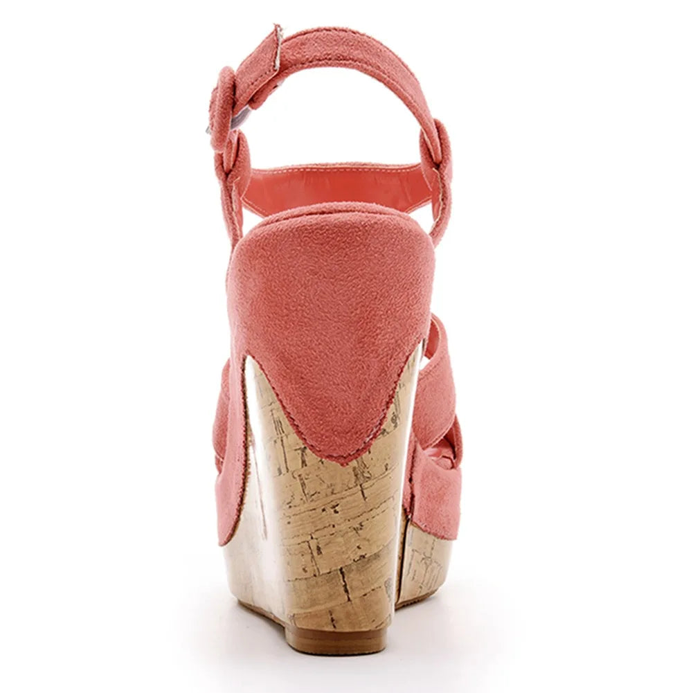 Women’s Summer Flock Sandals – 12CM Wedge Heels with Buckle Strap, White