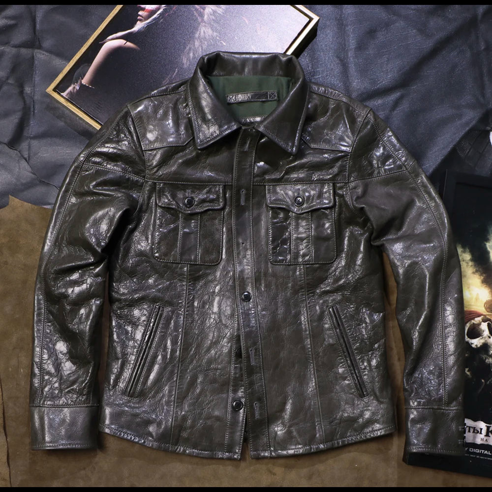 Men's Italian Goat Skin Leather Shirt Jacket – Slim Fit Vegetable Tanned Casual Coat