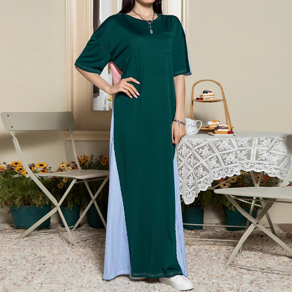 Rafiah Summer Arabian Dress 2025 Casual Edgy Contrast Color Short Sleeve Round Neck Maxi A-Line Long Dress For Women